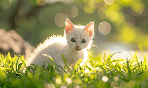 草地上的白色小猫
