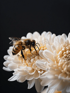 白色美丽菊花上的蜜蜂宏黑色背景复制空间