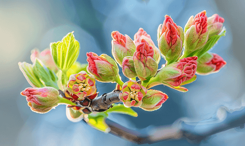 红色花卉摄影照片_春天开花的红色七叶树芽