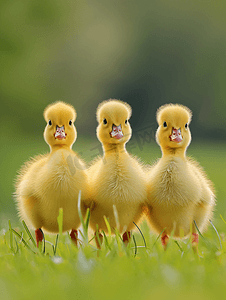 可爱的春天鸟背景摄影照片_自然背景中的三只小蓬松黄色戈斯林