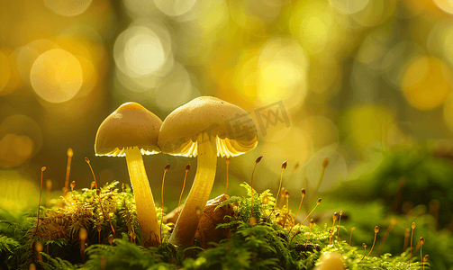 森林苔藓上两个花丝小蘑菇光斑森林地面