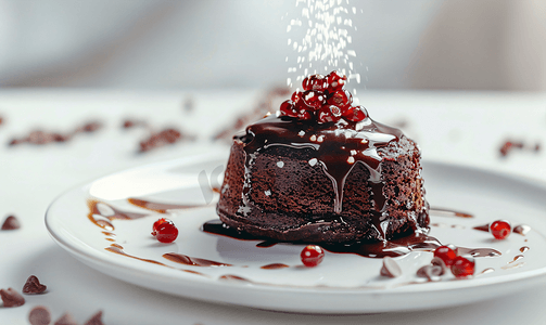 白盘上的巧克力熔岩蛋糕