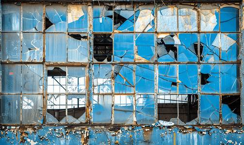 破碎的玻璃立面旧工业废弃厂房