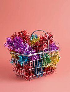 客户多摄影照片_圣诞销售概念购物篮里装满彩色背景的彩色金属丝