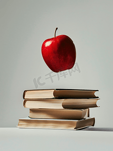 浅色背景中红苹果悬停在一堆书上
