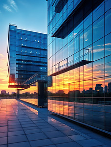市中心的现代玻璃办公楼日落照片