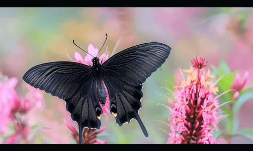 装饰蝴蝶摄影照片_一只黑蝴蝶停在野田里的粉色花朵上