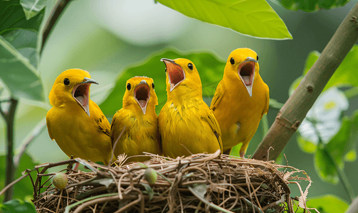 小鸟动物摄影照片_鸟巢中张着嘴的黄色小鸟