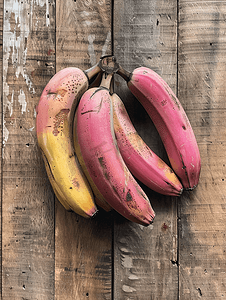 香蕉多摄影照片_木制背景上的香蕉健康红香蕉收藏成熟的香蕉束