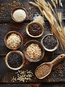 燕麦色摄影照片_天然有机食品木桌上摆放的不同种类燕麦的顶视图