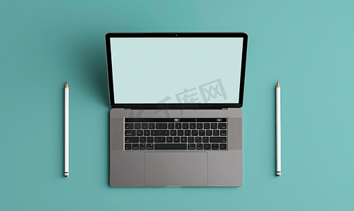 笔记本电脑简单铅笔灰色前面板的商业概念顶视图