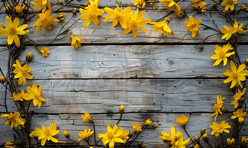 木材框摄影照片_黄色的花朵被框在木质背景上美丽的春天和节日背景