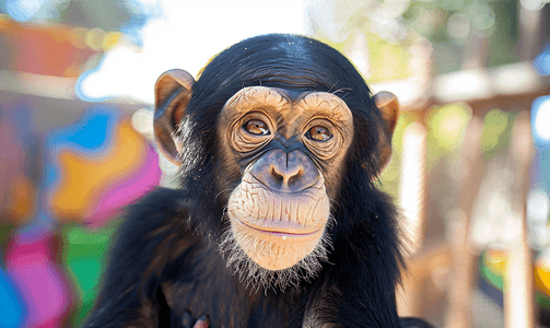 一只长着滑稽面孔的黑猩猩的特写肖像