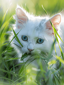 蓝眼睛的小猫吃草叶