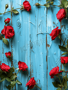 木制蓝色背景上的红玫瑰呈框架状