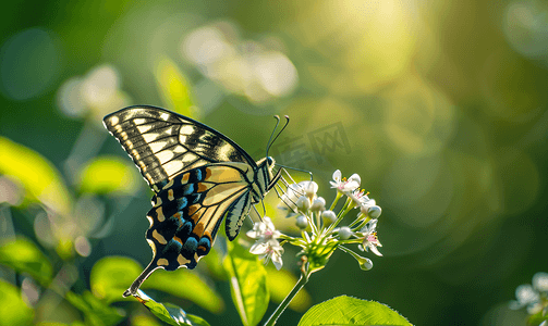 春天的动物植物摄影照片_绿色自然中开花花上的蝴蝶