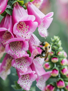 大计划摄影照片_红毛地黄的花朵和大黄蜂的拜访