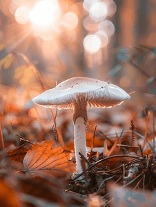 柔和的光线下森林地面上的一朵细丝小蘑菇微距拍摄自然