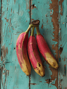 香蕉多摄影照片_木制背景上的香蕉健康红香蕉收藏成熟的香蕉束