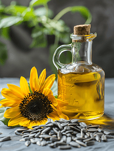 瓶中的葵花籽油和桌上的花有机产品