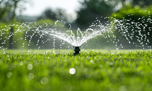 抽象花园摄影照片_花园中洒水器给草坪浇水自动浇水草坪概念