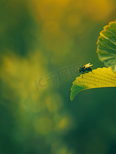 一片绿叶摄影照片_一只苍蝇栖息在一片绿叶上背景为绿色微距摄影技术