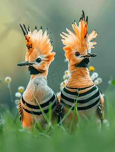 两只戴胜鸟坐在绿草上特写