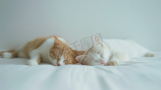 两只小猫在床上睡觉摄影图