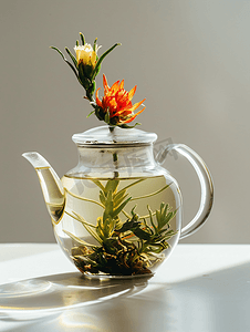 花茶茶壶摄影照片_玻璃茶壶与花茶草药