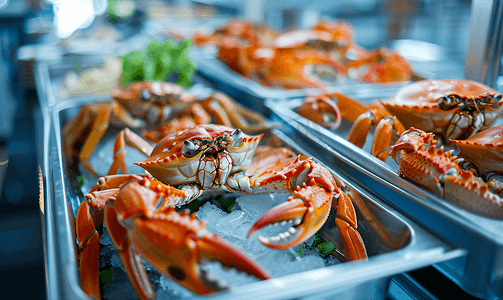 酒店餐厅的自助餐供应美味新鲜的螃蟹