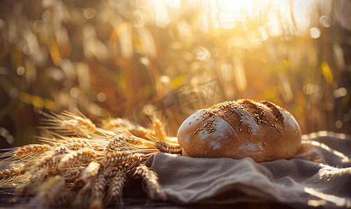 木材染色摄影照片_木桌上的面包和小麦浅景深