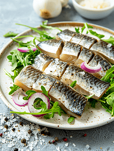 桌上盘子里放着切好的咸鲱鱼、洋葱和芝麻菜简单的小吃