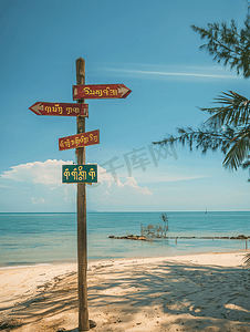 泰国海滩上的城镇标志道路信息板方向标志