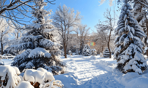 冬天白雪覆盖的城市花园里的树木