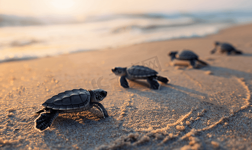 几只刚孵出的小黑海龟沿着沙子爬向大海