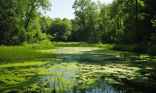 绿色河流风景摄影照片_夏日景观大沼泽点缀着绿色浮萍和沼泽植被