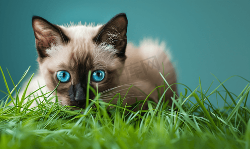 美丽蓝眼睛的暹罗猫吃草