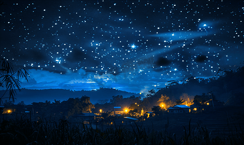 抽象村庄摄影照片_村庄明亮的夜晚星空