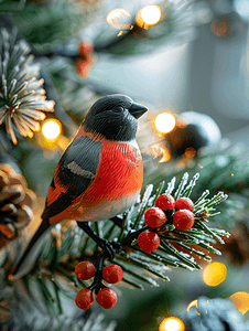 圣诞树树枝上的红腹灰雀和浆果玩具装饰
