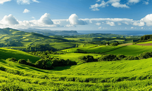 亚速尔群岛美丽的绿草如茵的田野和连绵起伏的丘陵