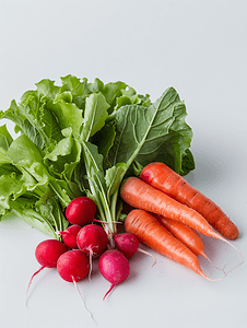粉红色的萝卜摄影照片_白色背景中的生菜胡萝卜和一束萝卜