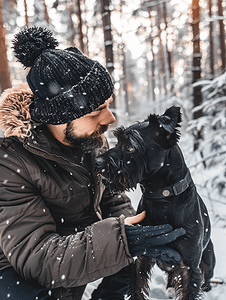 主人在冬季针叶林里和他的黑色迷你雪纳瑞玩耍