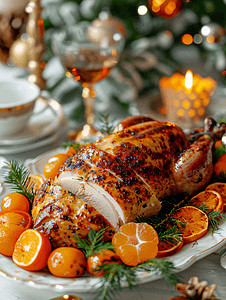 火鸡卷配金橘和橙色圣诞食品