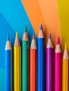 九月十日摄影照片_彩色背景上的一组彩色铅笔一组彩色木