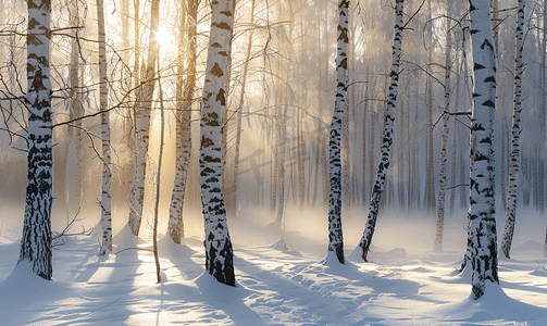 冬季森林里的白桦树