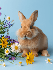 蓝色背景中毛茸茸的可爱姜兔还有一束鲜花