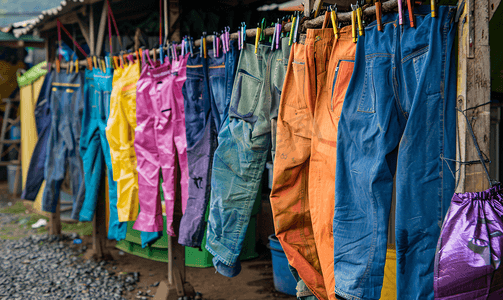 塑料袋上的多种颜色和跳蚤市场支架上挂着的一排牛仔裤