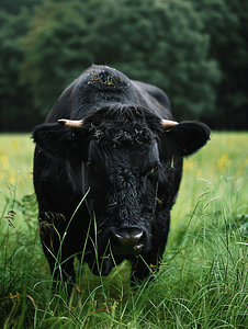 黑绿背景摄影照片_一头黑牛在绿草田里吃草