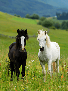 白色的小马摄影照片_绿草背景中的白色和黑色冰岛小马驹