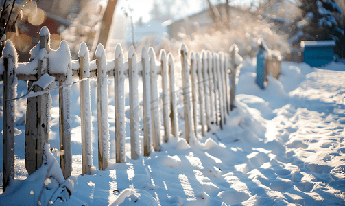 冬天乡村风景摄影照片_冬天后院的栅栏摇摇欲坠